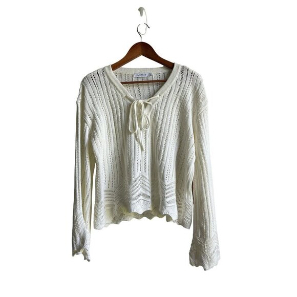 New! JUSTFAB Size Large Cream V-Neck Tie Front Pullover Cropped Sweater - Picture 1 of 11